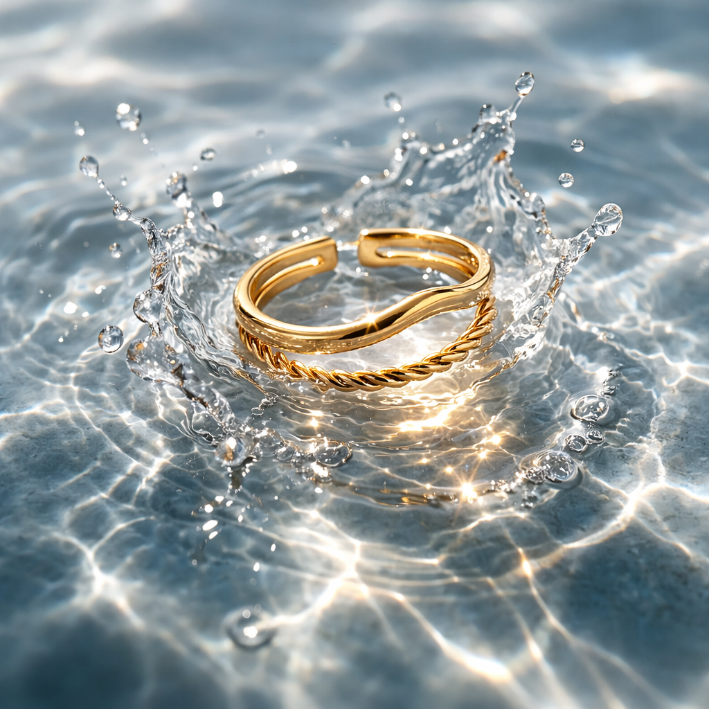 Gold ring with a rope design splashing into water