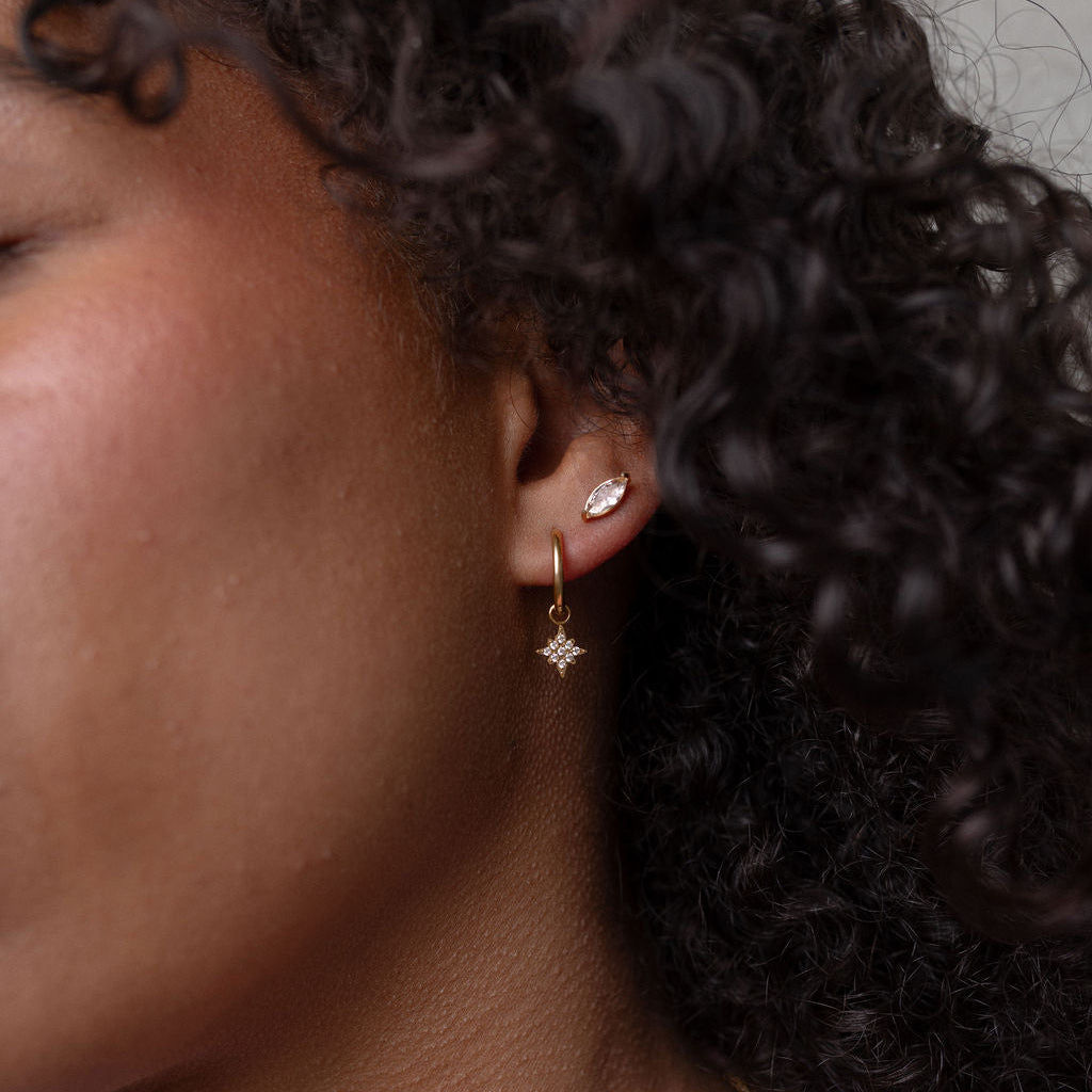 Close-up of a person wearing gold hoop earrings and a pink sweater.